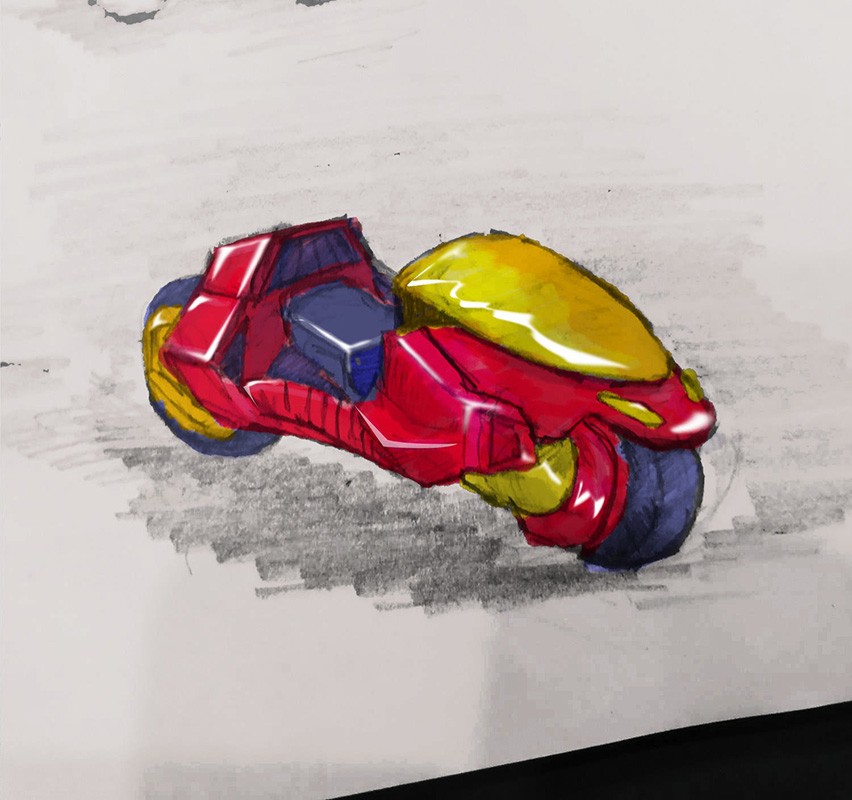 Bike from Akira red and yellow colored sketch.