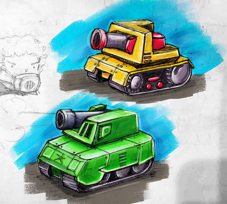 Small cute battle tanks for toys and games.
