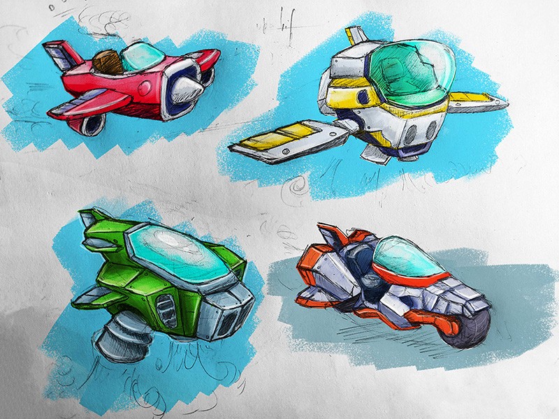 Concept flying craft and bike sketches colored.